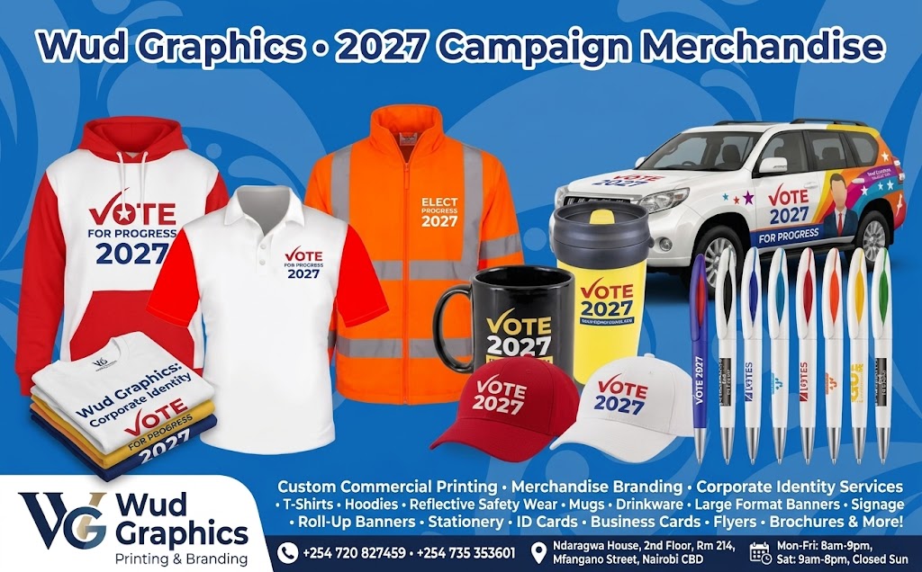 2027 Kenyan political election campaign promotional merchandise package including t-shirts, caps, reflector jackets and car branding